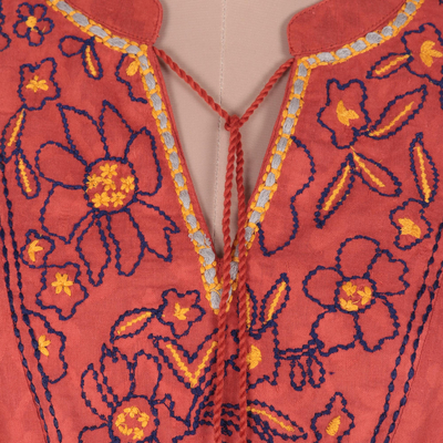 Cotton blouse, 'Delhi Spring in Russet' - Floral Embroidered Cotton Blouse in Paprika from India