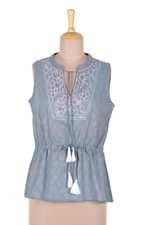 Embroidered sleeveless cotton blouse, 'Delhi Spring in Wedgwood' - Sleeveless Cotton Blouse in Blue from India