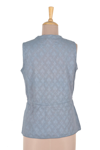 Embroidered sleeveless cotton blouse, 'Delhi Spring in Wedgwood' - Sleeveless Cotton Blouse in Blue from India