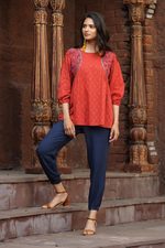 Cotton top, 'Delhi Spring in Russet' - Embroidered Cotton Top in Paprika from India