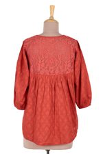 Cotton top, 'Delhi Spring in Russet' - Embroidered Cotton Top in Paprika from India