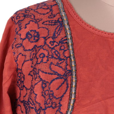 Cotton top, 'Delhi Spring in Russet' - Embroidered Cotton Top in Paprika from India