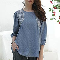 Embroidered Cotton Top in Cadet Blue from India,'Delhi Evening'