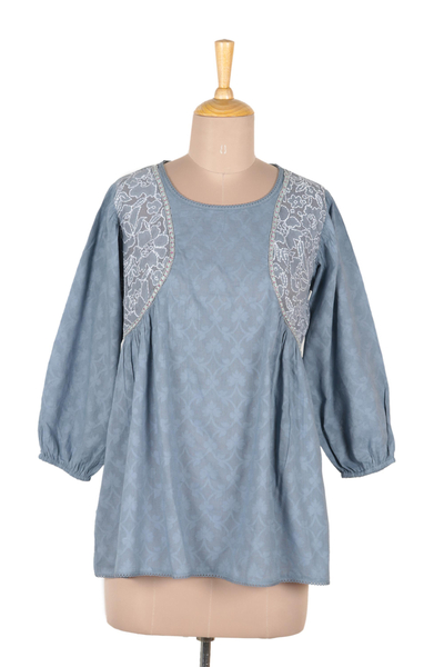 Cotton top, 'Delhi Evening' - Embroidered Cotton Top in Cadet Blue from India