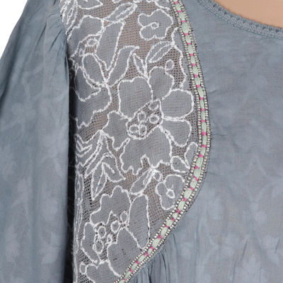 Cotton top, 'Delhi Evening' - Embroidered Cotton Top in Cadet Blue from India