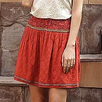 Embroidered cotton skirt, 'Assam Terracotta'