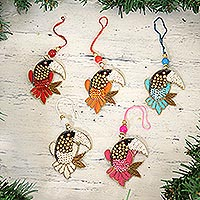 Beaded ornaments, 'Glamorous Toucans' (set of 5) - Beaded Toucan Ornaments from India (Set of 5)