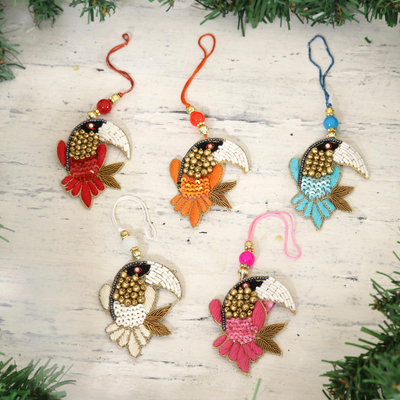 Beaded cotton ornaments, 'Glamorous Toucans' (set of 5) - Beaded Toucan Ornaments from India (Set of 5)