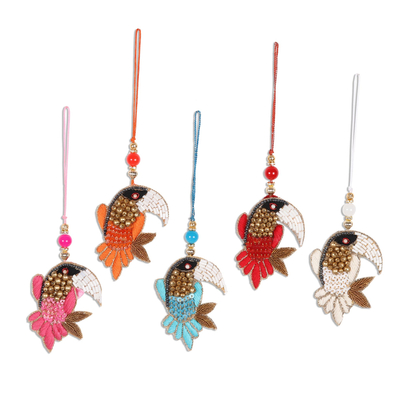 Beaded cotton ornaments, 'Glamorous Toucans' (set of 5) - Beaded Toucan Ornaments from India (Set of 5)