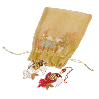 Perlenbesetzte Baumwollornamente, (5er-Set) - Tukan-Ornamente aus Indien mit Perlen (5er-Set)