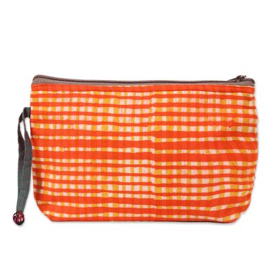 Plaid Motif Batik Cotton Cosmetic Bag in Scarlet from India
