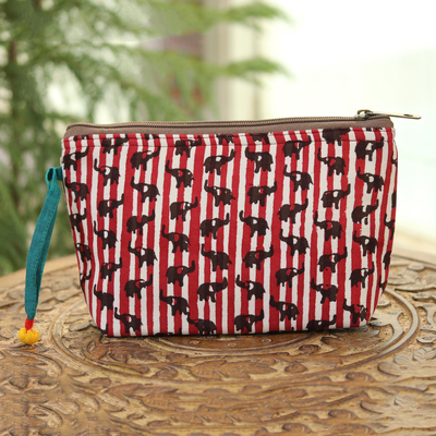 Batik cotton cosmetic bag, 'Elephant Harmony in Chili' - Elephant Motif Batik Cotton Cosmetic Bag in Chili from India