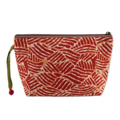 Wave Motif Batik Cotton Cosmetic Bag in Russet from India