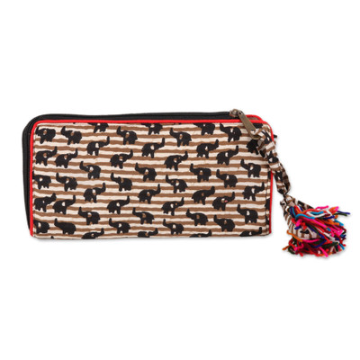 Elephant Motif Batik Cotton Wallet in Tan from India