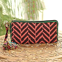 Batik cotton wallet, 'Autumn Chevron' - Batik Cotton Wallet in Strawberry and Mahogany from India