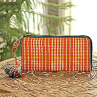 Batik cotton wallet, 'Scarlet Plaid' - Plaid Motif Batik Cotton Wallet in Scarlet from India