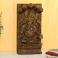 Mango wood sculpture, 'Ganesha Piety' - Hand-Carved Mango Wood Ganesha Relief Sculpture from India