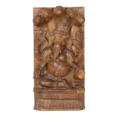 Hand-Carved Mango Wood Ganesha Relief Sculpture from India