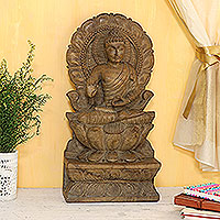 Mango wood sculpture, 'Buddha Majesty' - Hand-Carved Mango Wood Buddha Relief Sculpture from India