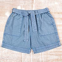 Drawstring Cotton Shorts in Sky Blue from India,'Summer Relaxation in Sky Blue'