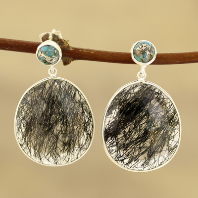 Tourmalinated quartz dangle earrings, 'Elegant Veins' - Tourmalinated Quartz and Composite Turquoise Dangle Earrings