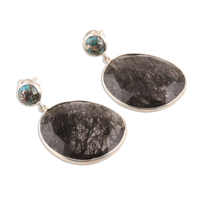Tourmalinated quartz dangle earrings, 'Elegant Veins' - Tourmalinated Quartz and Composite Turquoise Dangle Earrings