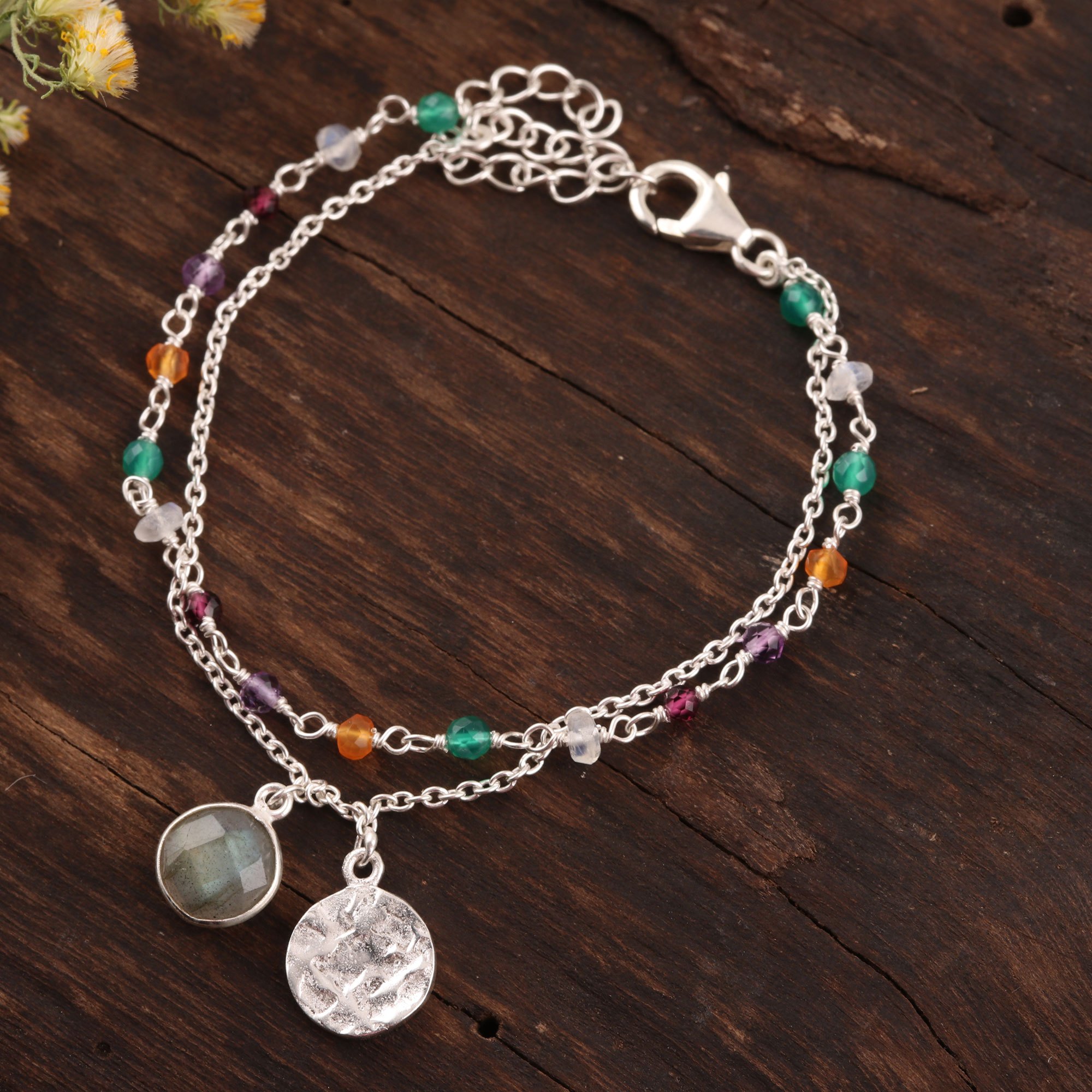 MultiGemstone Sterling Silver Bracelet from India Colorful Charm