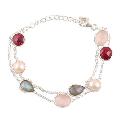 Multi-gemstone station bracelet, 'Glamorous Glisten' - Multi-Gemstone Station Strand Bracelet from India