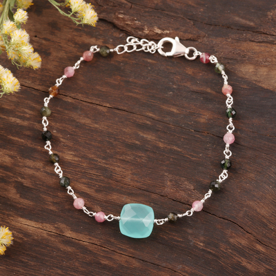 Chalcedony and tourmaline pendant bracelet, 'Colorful Combo' - Chalcedony and Tourmaline Pendant Bracelet from India