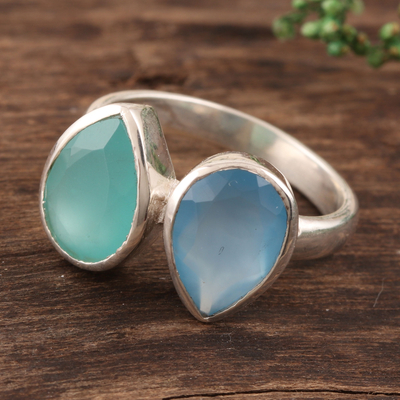 Chalcedony cocktail ring, 'Teardrop Sparkle' - 4-Carat Teardrop Chalcedony Cocktail Ring from India