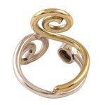 Rainbow moonstone band ring, 'Curling Union' - Rainbow Moonstone Ring with Sterling Silver and Brass