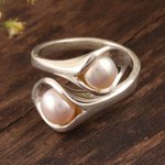 Cultured pearl wrap ring, 'Lily Twins' - Lily Flower Cultured Pearl Wrap Ring from India