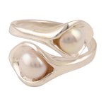 Cultured pearl wrap ring, 'Lily Twins' - Lily Flower Cultured Pearl Wrap Ring from India