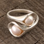 Cultured pearl wrap ring, 'Lily Twins' - Lily Flower Cultured Pearl Wrap Ring from India