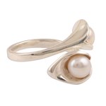 Cultured pearl wrap ring, 'Lily Twins' - Lily Flower Cultured Pearl Wrap Ring from India