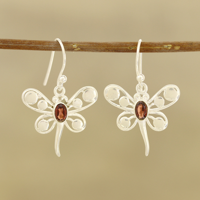 Garnet dangle earrings, 'Radiant Butterflies' - Butterfly-Themed Garnet Dangle Earrings from India