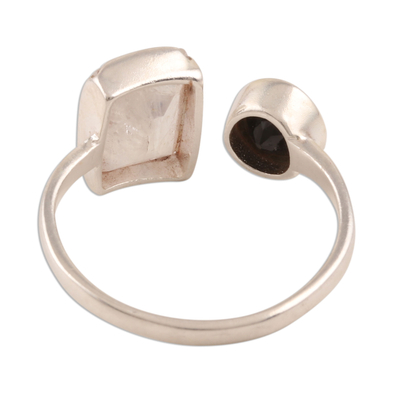 Rainbow moonstone and onyx wrap ring, 'Stylish Combo' - Rainbow Moonstone and Onyx Wrap Ring from India