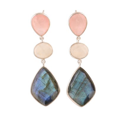 Multi-gemstone dangle earrings, 'Delightful Trio' - 29-Carat Multi-Gemstone Dangle Earrings from India