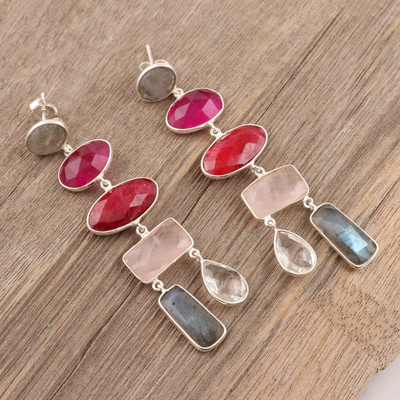 Multi-gemstone dangle earrings, 'Glittering Combination' - 48-Carat Multi-Gemstone Dangle Earrings from India