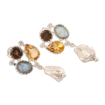 Multi-gemstone dangle earrings, 'Fantastic Variety' - Multi-Gemstone Earrings with Natural Quartz from India