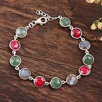Multi-gemstone link bracelet, 'Round Glitter' - 24-Carat Multi-Gemstone Link Bracelet from India