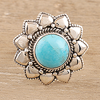 Sterling silver cocktail ring, 'Flower of the Sky' - Floral Reconstituted Turquoise Cocktail Ring from India