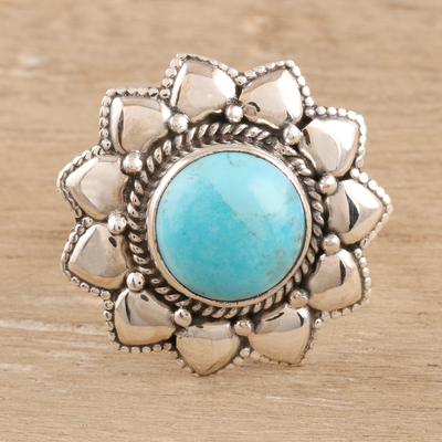 Sterling silver cocktail ring, 'Flower of the Sky' - Floral Reconstituted Turquoise Cocktail Ring from India