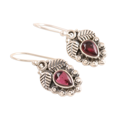 Garnet dangle earrings, 'Teardrop Leaves' - Leaf-Themed Garnet Dangle Earrings from India