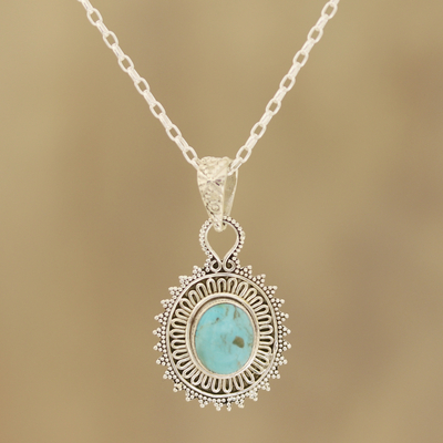 Reconstituted turquoise pendant necklace, 'Dotted Charm' - Reconstituted Turquoise and Sterling Silver Pendant Necklace