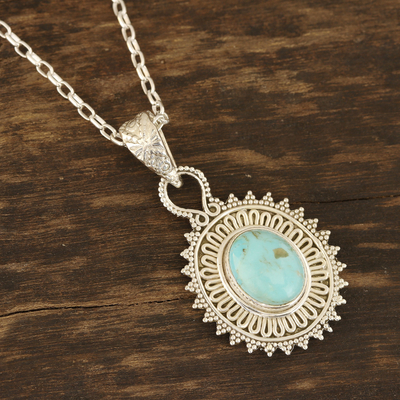 Reconstituted turquoise pendant necklace, 'Dotted Charm' - Reconstituted Turquoise and Sterling Silver Pendant Necklace