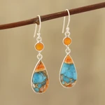 Carnelian dangle earrings, 'Teardrop Glamour' - Carnelian and Composite Turquoise Dangle Earrings from India