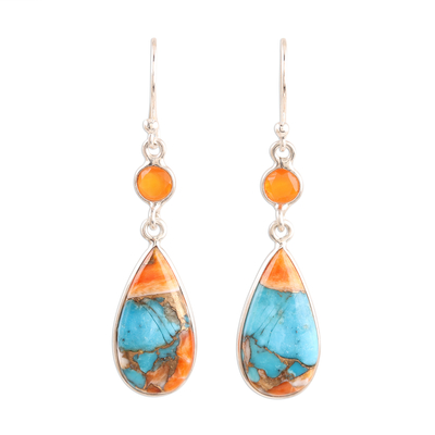 Carnelian dangle earrings, 'Teardrop Glamour' - Carnelian and Composite Turquoise Dangle Earrings from India