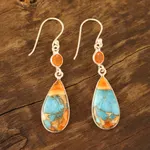 Carnelian dangle earrings, 'Teardrop Glamour' - Carnelian and Composite Turquoise Dangle Earrings from India