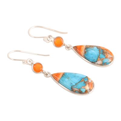 Carnelian dangle earrings, 'Teardrop Glamour' - Carnelian and Composite Turquoise Dangle Earrings from India